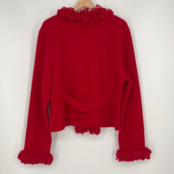 Vintage Lisa International Boiled Wool Cardigan Sweater Large Red V Neck Fringe - Picture 2 of 10